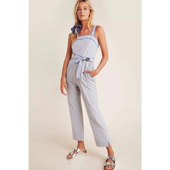 ANTHROPOLOGIE SATURDAY SUNDAY MADELINE COZY LOUNGE KNIT JUMPSUIT GRAY Blue XS - Picture 1 of 6
